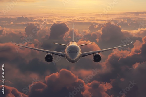 Commercial airplane flying in clouds at sunset