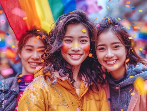 Three asian woman wearing jackets in a vibrant, Pride day festive atmosphere. with celebrate amidst flying confetti and rainbow flags, symbolizing LGBTQ+