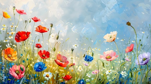 A painting of a field of flowers with a blue sky in the background. The flowers are of various colors, including red, blue, and yellow. The painting conveys a sense of peace and tranquility
