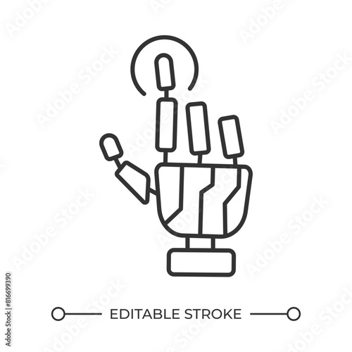 Robotic touch linear icon. Bionic hand taps screen. Artificial limb. Artificial intelligence concept. Thin line illustration. Contour symbol. Vector outline drawing. Editable stroke