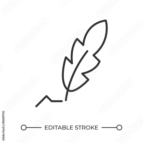 Quill linear icon. Old-fashioned writing instrument. Calligraphy symbol. Sign paper. Handwriting with plume. Thin line illustration. Contour symbol. Vector outline drawing. Editable stroke
