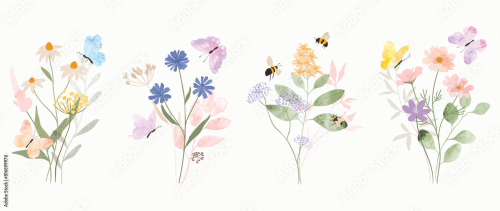 Set of botanical bouquet vector element. Collection of bee, butterfly, flowers, wildflowers, wild grass. Watercolor floral illustration design for logo, wedding, invitation, decor, print.