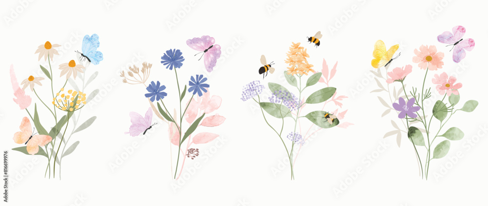 Set of botanical bouquet vector element. Collection of bee, butterfly, flowers, wildflowers, wild grass. Watercolor floral illustration design for logo, wedding, invitation, decor, print. Set of botanical bouquet vector element. Collection of bee, butterfly, flowers, wildflowers, wild grass. Watercolor floral illustration design for logo, wedding, invitation, decor, print.