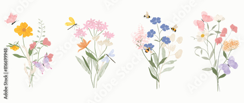 Set of botanical bouquet vector element. Collection of dragonfly, bee, butterfly, flowers, wildflowers, wild grass. Watercolor floral illustration design for logo, wedding, invitation, decor, print.