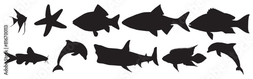 Underwater seascape. Silhouettes of sea fish, sharks, Ocean life, marine nature, flora and fauna. Vector illustration.