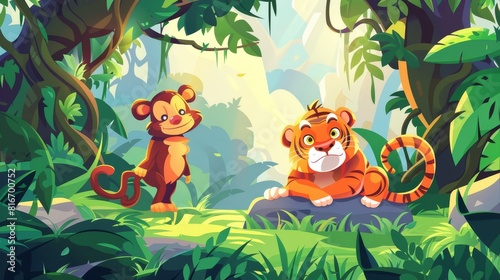 This cute jungle party banner features a tiger and monkey standing together in an idyllic glade. It has a modern background with a rainforest landscape with green trees  stones  and funny wild