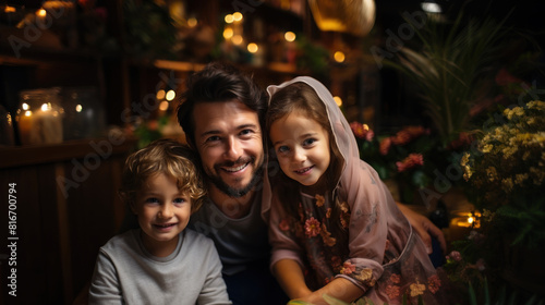 Happy Family Father with Son and Daughter Smiling Together Indoors in Warm Cozy Lighting