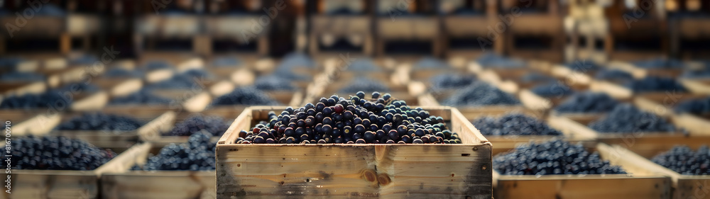 Elderberries harvested in wooden boxes in a warehouse. Natural organic fruit abundance. Healthy and natural food storing and shipping concept. Elderberries harvested in wooden boxes in a warehouse. Natural organic fruit abundance. Healthy and natural food storing and shipping concept.