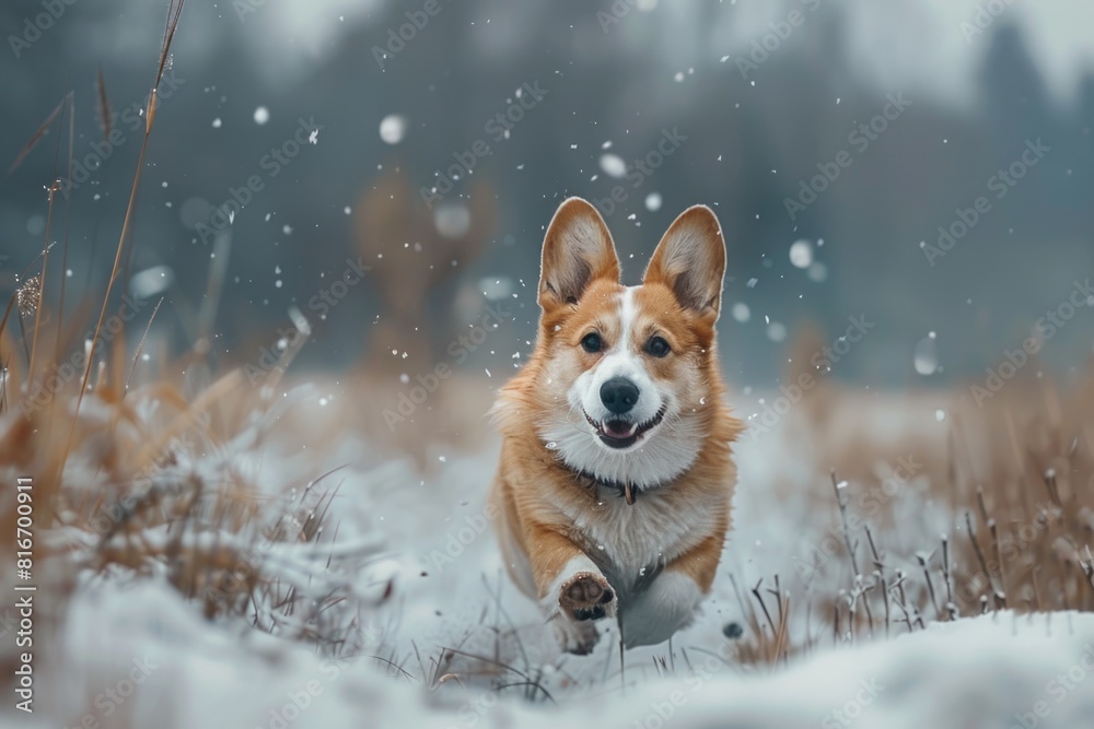 Obraz premium A dog running through the snow field, suitable for winter themes