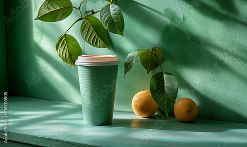 Coffee Cup and Oranges on Window Sill photo