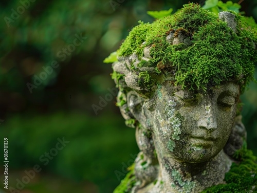 A lush, green moss growing on a weathered, stone statue, rule of thirds composition, high detail © ishootgood