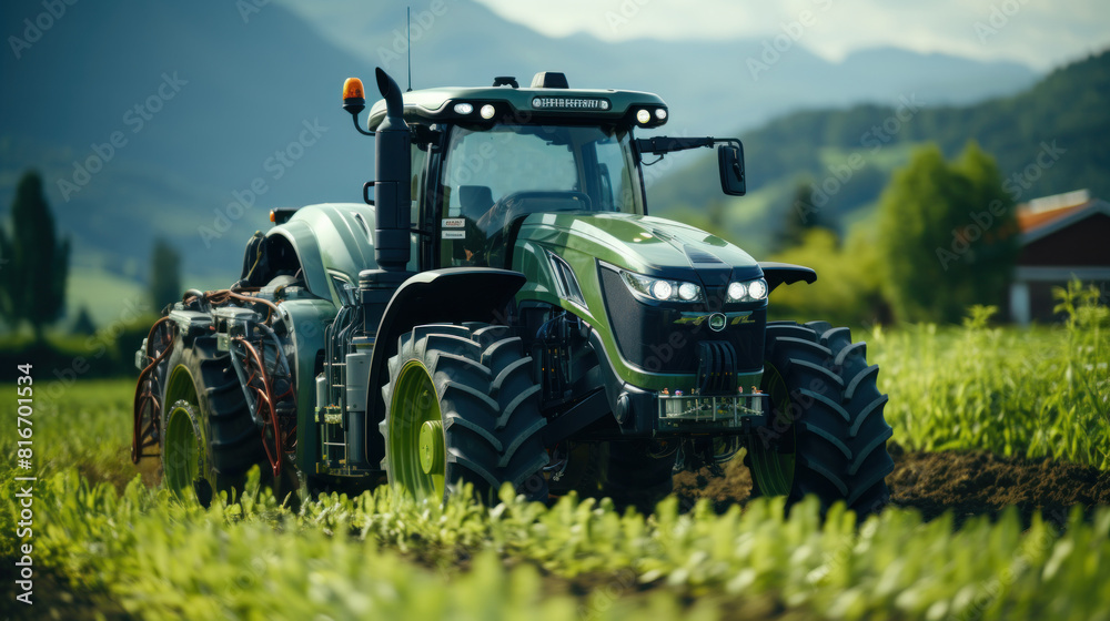 Autonomous Tractor Working in Corn Field with Mountainous Background Autonomous Tractor Working in Corn Field with Mountainous Background
