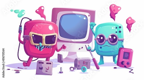 Various cartoon characters fixing broken electronic devices, including a cute desktop pc in protective glasses holding a screwdriver. A modern mascot fixing electronic devices. © Mark