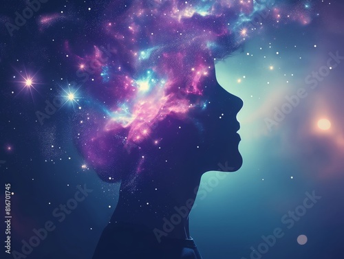Silhouette of a human head filled with a vibrant cosmic scene, symbolizing imagination, creativity, and the universe within. Stars and nebulae blend seamlessly with the profile, creating a dreamy