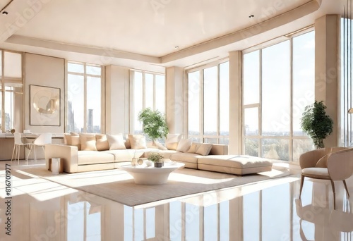 City skyline seen from bright and airy living room setting, Sleek living area offers breathtaking cityscape vista, Sunlight flooding into modern city living room with expansive windows.