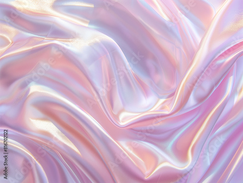 Holographic pearl fabric with waves and folds in pink, lilac, and white. Abstract, iridescent background with a glossy, three-dimensional effect, showcasing a colorful, surreal design.