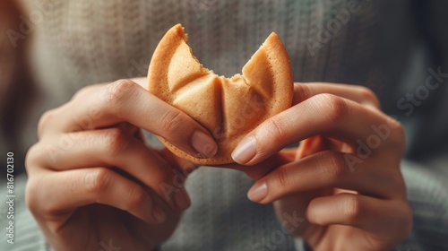A person's hands holding a fortune cookie, breaking it open to reveal the surprising message inside. photo