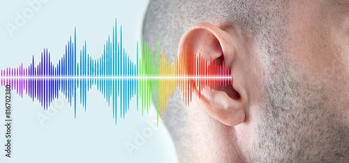 young man ear closeup listening, sound wave, acoustics Auditory System, Hearing Test, Cochlear implant, Assistive listening device