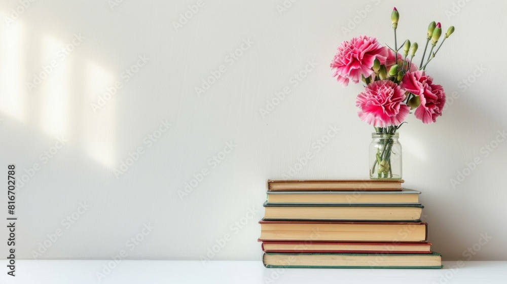 blank space , pink carnation bouquet and Books standing closed. blank space , pink carnation bouquet and Books standing closed.