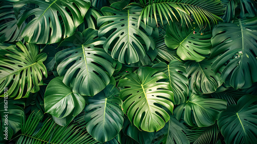 Tropical leaves background, Monstera Deliciosa or Swiss cheese plant.  photo