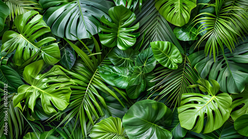 Background of green tropical leaves. Flat lay, top view, copy space