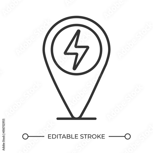 Charging station location linear icon. Electric vehicle charging. Lightning bolt and map maker. Electric car service. Thin line illustration. Contour symbol. Vector outline drawing. Editable stroke photo