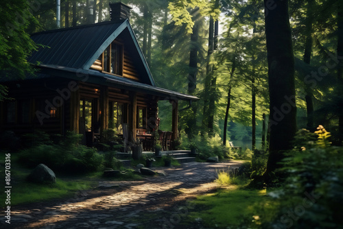 Log cabin in woods with pathway
