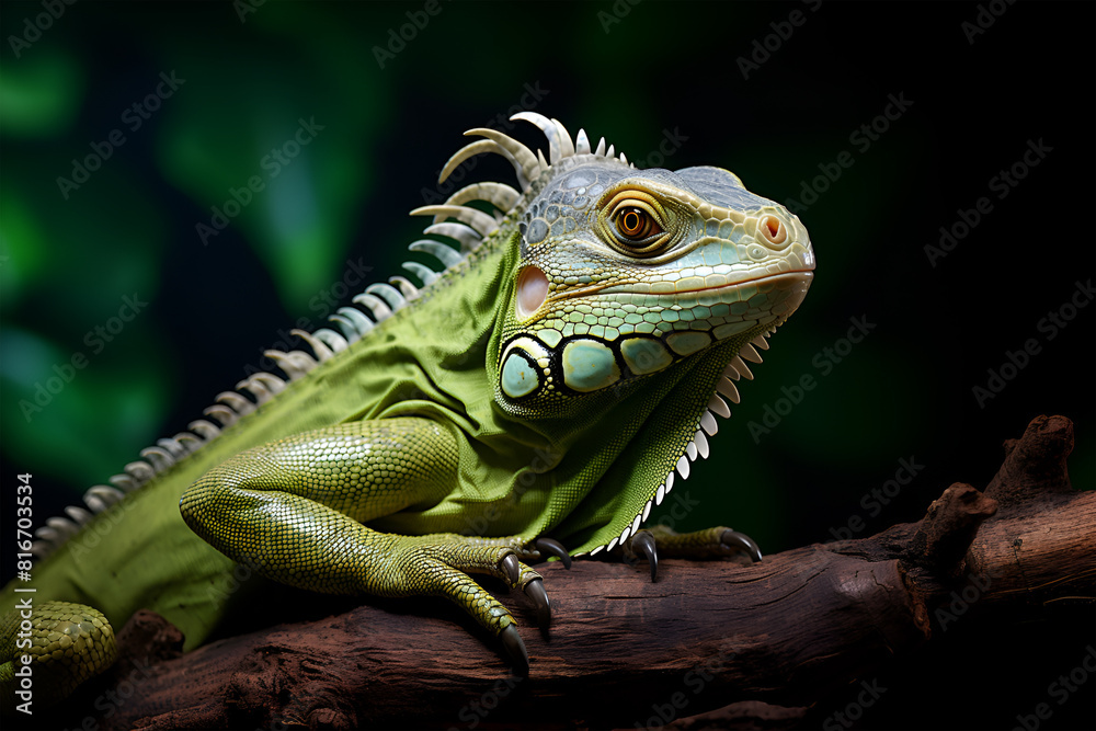 A green chameleon is sitting on a branch. A green chameleon is sitting on a branch.