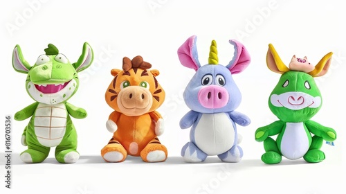 Cartoon illustration with stuffed toys  cute animals with kawai eyes  isolated Cartoon modern illustration of frog  horse  tiger with bunny and pig.