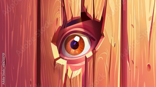 Hidden person peering through wooden plank. Peeking, surveillance, voyeurism activity, human or animal eyeball behind of boards, Cartoon modern illustration. photo