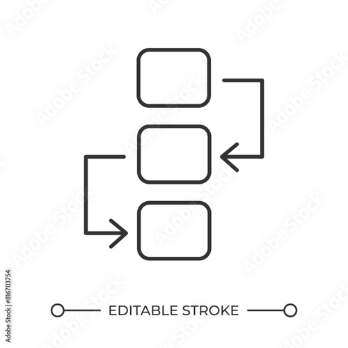Flowchart linear icon. Work process. Step by step organization. Project management tool. Process diagram. Thin line illustration. Contour symbol. Vector outline drawing. Editable stroke
