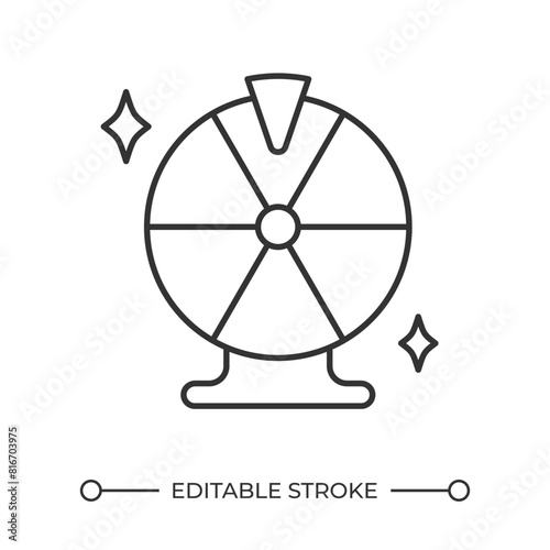 Prize wheel linear icon. Game of chance. Lottery type. Lucky wheel. Fairground attraction. Festival game. Thin line illustration. Contour symbol. Vector outline drawing. Editable stroke