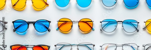 Assortment of fashionable sunglasses on light background, top view for trendy eyewear enthusiasts