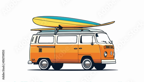 Surf Lifestyle: Hippie Van with Surfboard on Top Vector Design