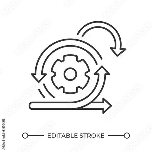 Agile development linear icon. Rotating gear and arrows icon. Different directions. Project management. Thin line illustration. Contour symbol. Vector outline drawing. Editable stroke