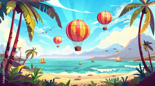 Tropical landscape with planes  hot air balloons  palm trees and mountains on horizon for 2D animation. Cartoon colored airships with baskets on modern parallax background.