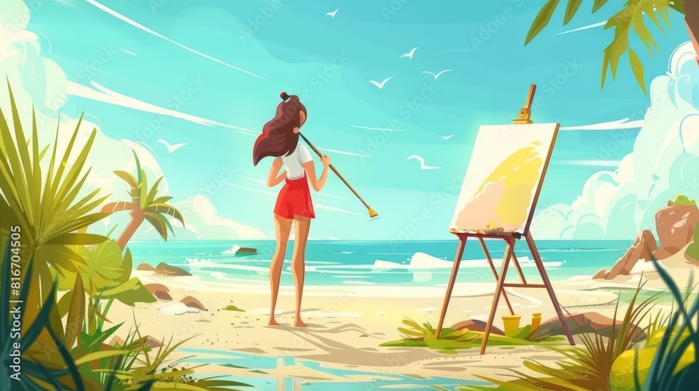 An artist paints on canvas on a seashore with a brush and easel, plein air on a summer summer landscape with sand, grass, and an artist painting on canvas.