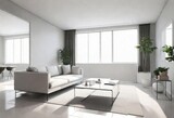 Contemporary white living room with elegant furnishings, 3D rendering of a minimalist white-themed living space, Modern white living room with sleek design elements.