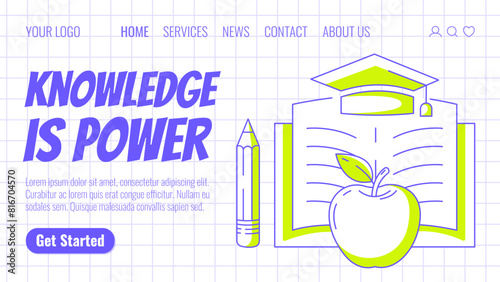 Open book with academic cap, green apple, pencil. Knowledge is power, back to school, education, learning concept. Vector template for banner, poster, landing page, website. Checkered background