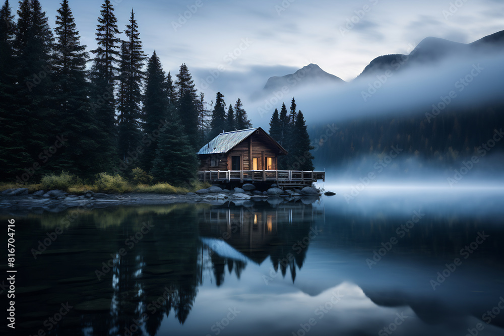 Fototapeta premium Cabin nestled among trees by lake