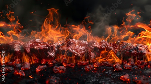 A large piece of meat is on fire, with the flames reaching up to the sky. Concept of danger and excitement, as the fire is intense and consuming. The meat is likely being cooked