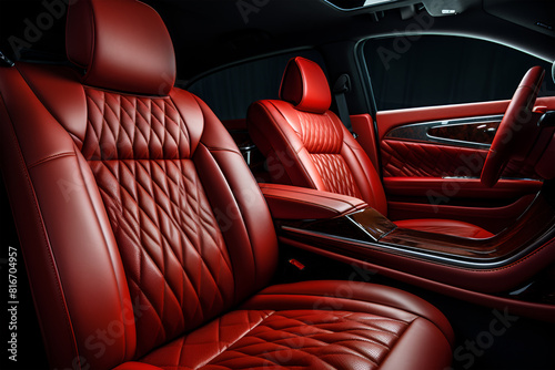Modern Luxury car inside. Interior of prestige modern car. Comfortable leather red seats. Red perforated leather cockpit with isolated Black background. Modern car interior details © Nadezda Ledyaeva