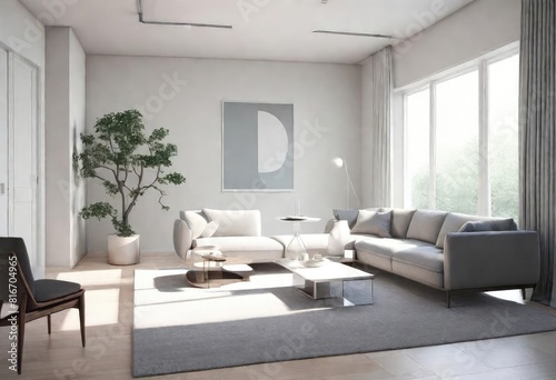Serene modern living space in white tones  Sleek and stylish white living room interior  Chic and bright minimalist white room setting.