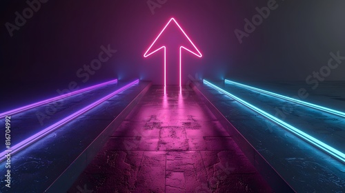 Features a striking neon arrow pointing upwards, set against a dark background. The arrow is illuminated in vibrant pink, while a pathway lined with bright blue neon lights leads up to it