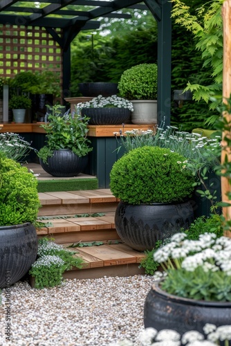 Luxurious morning oasis  outdoor garden with teak wood deck and black pergola design