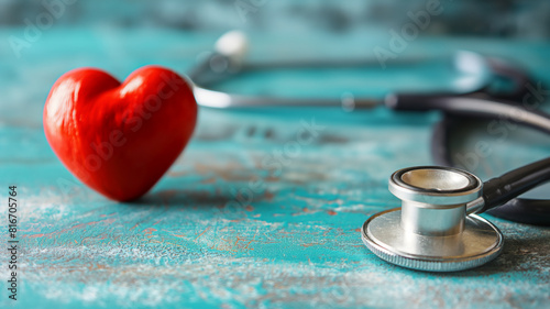 Red heart model with a stethoscope on a turquoise background, symbolizing healthcare. photo