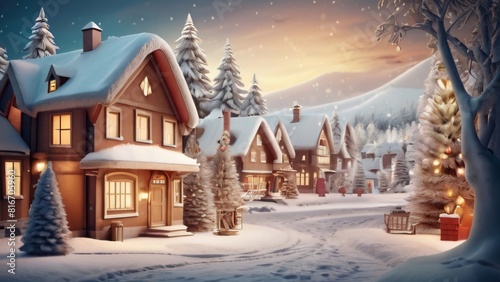 snow background village and pine tree, generate ai © atar
