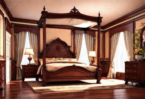 Exquisite canopy bed in a beautifully decorated bedroom, Opulent bedroom adorned with ornate wooden canopy bed, Luxurious wooden canopy bed in elegant bedroom setting. © Sunny ART