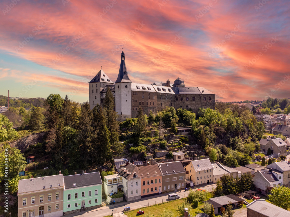 view over castle mylau on the hill at sunset,vogtland saxony germany view over castle mylau on the hill at sunset,vogtland saxony germany
