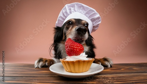 Petit chien gourmand avec toque de pâtissier, devant un tartelette à la fraise photo